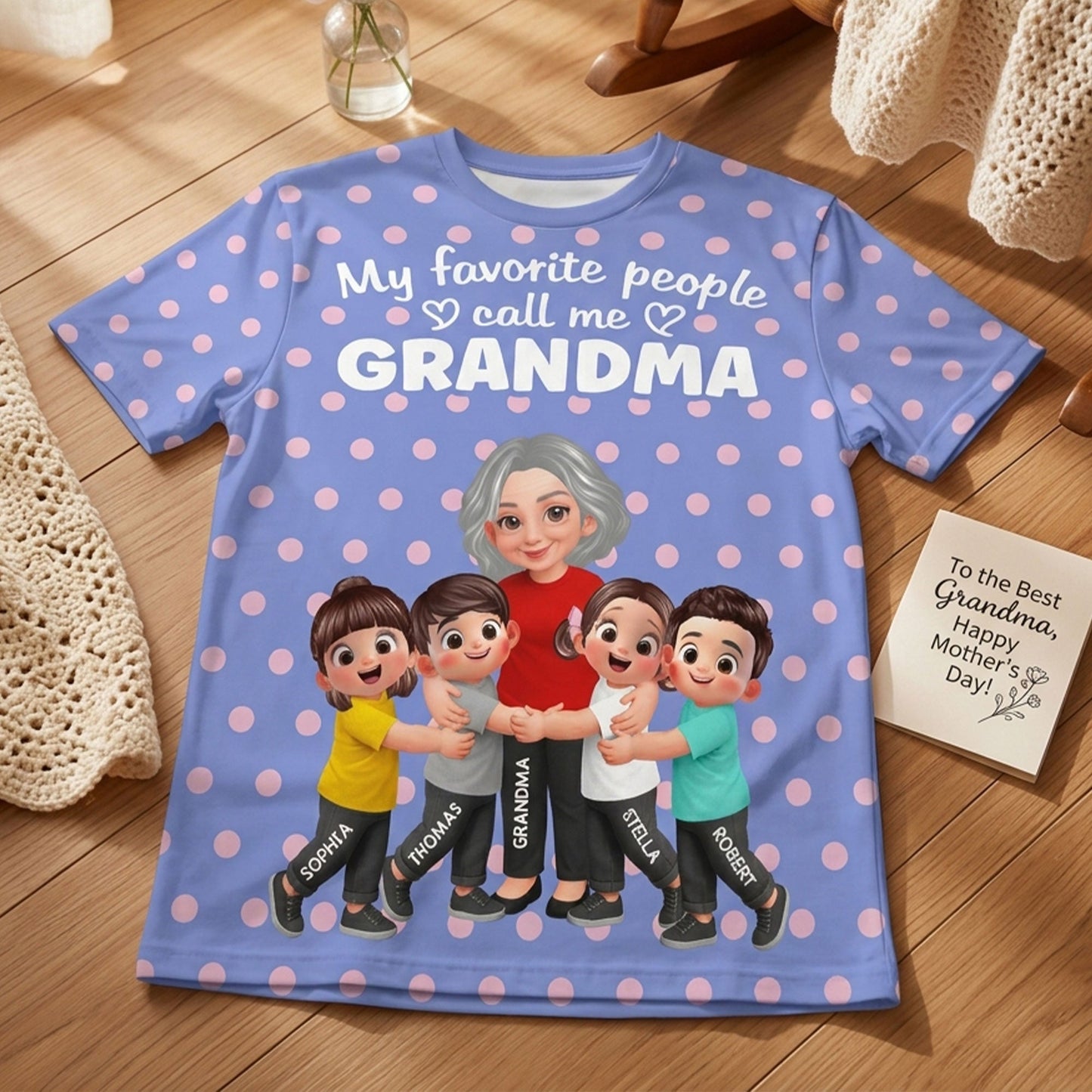 Grandma Grandkids Hugging Polka Dot Pattern - Personalized Shirt - Gift For Grandma, Mom