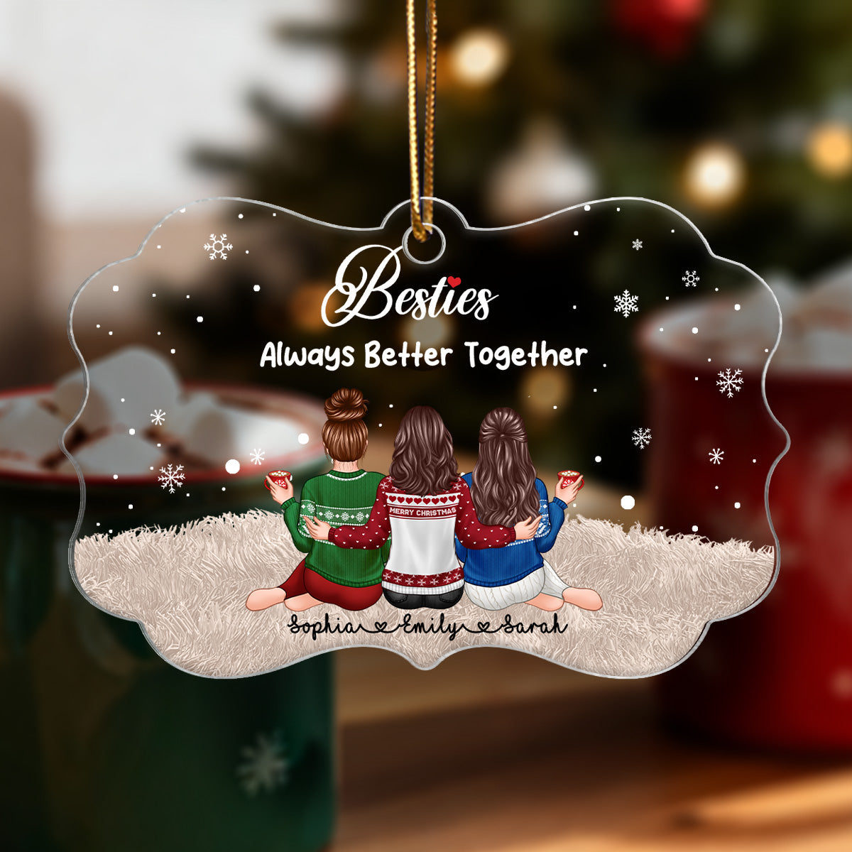 Always Better Together The Girls Sitting Back View - Personalized Acrylic Ornament - Christmas Gift For Besties
