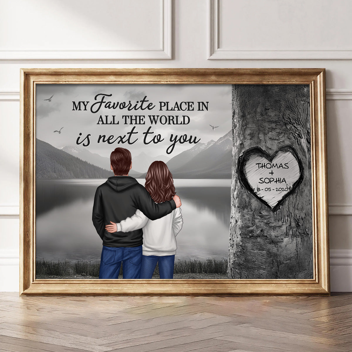 Couple Standing Back View Heart Carved Tree - Personalized Poster - Anniversary Gift, Valentine's Gift For Him, For Her