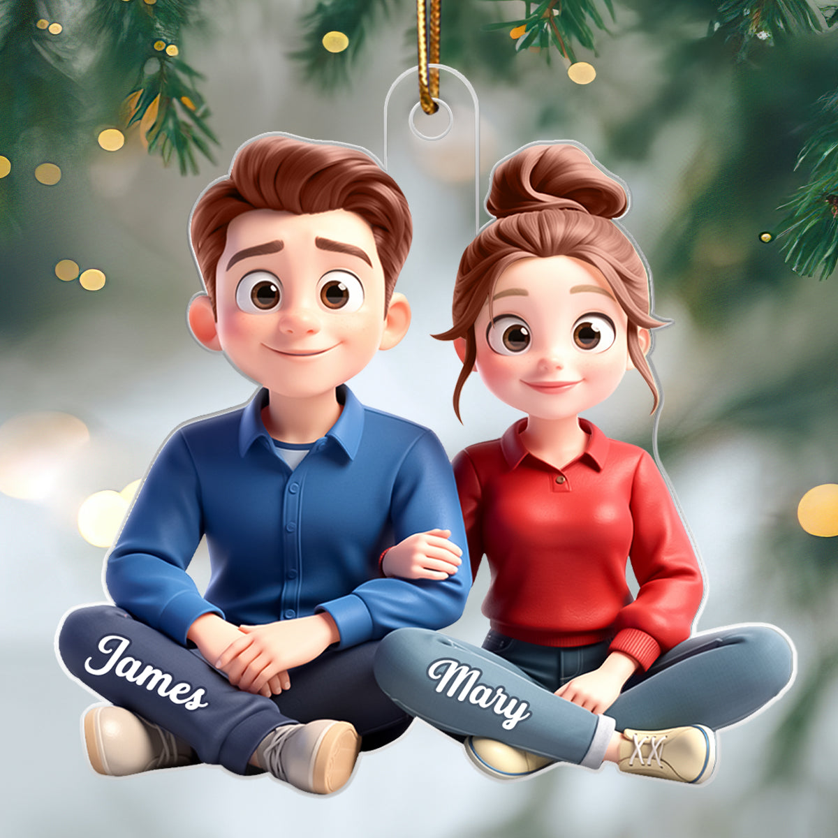 Cartoon Couple Sitting Together - Personalized Acrylic Ornament - Christmas Gift for him, Gift for her