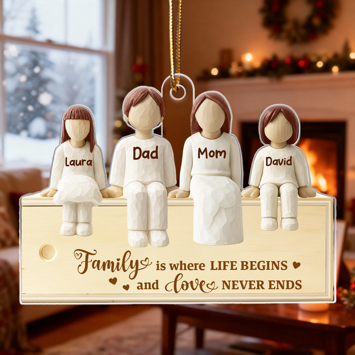 Family Together Wooden Figurines - Personalized Acrylic Ornament - Heartwarming Christmas Gift For Family