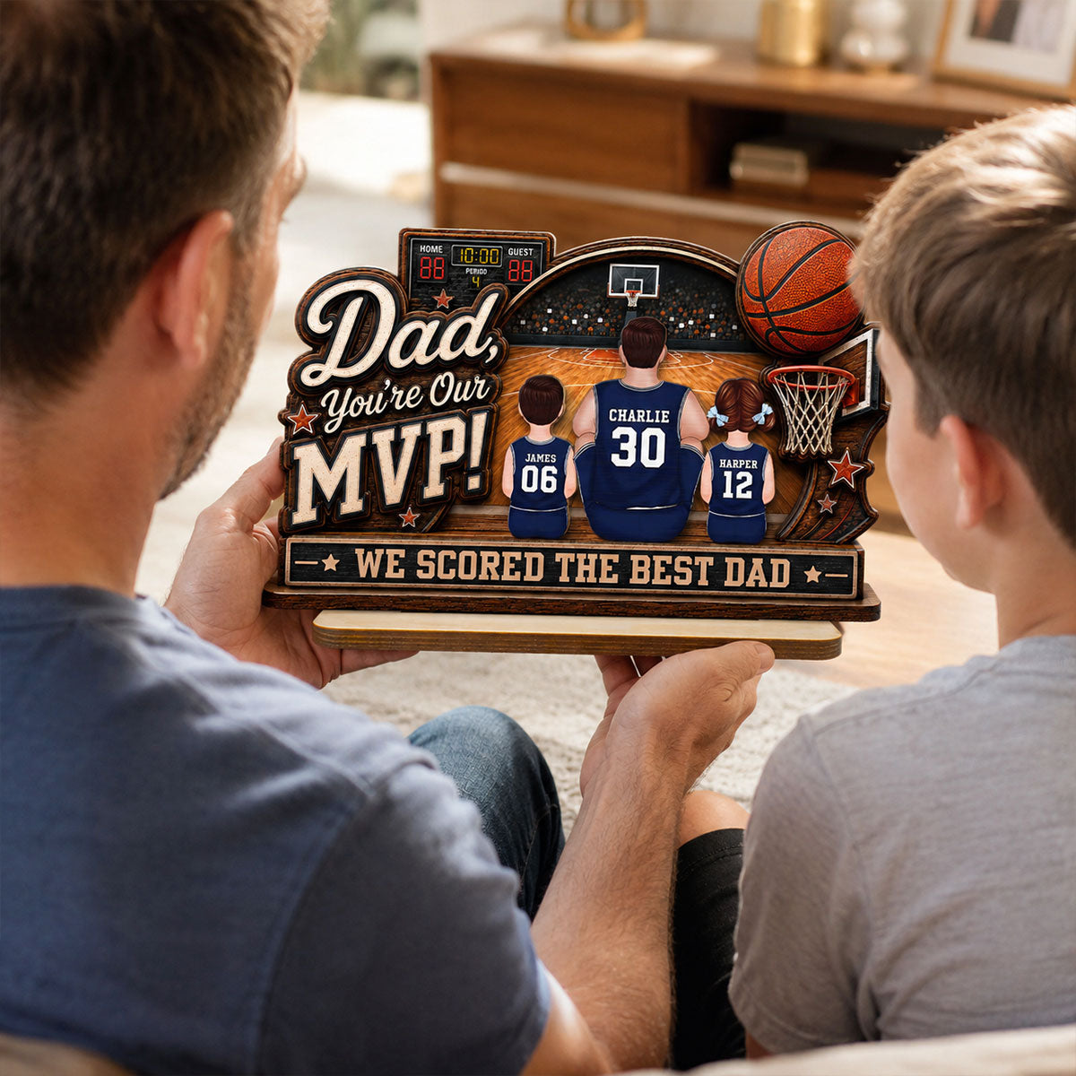 Dad You Are Our MVP Sitting Basketball Man & Kids 2D Flat - Personalized 2-Layered Wooden Plaque -  Gift For Basketball Dad
