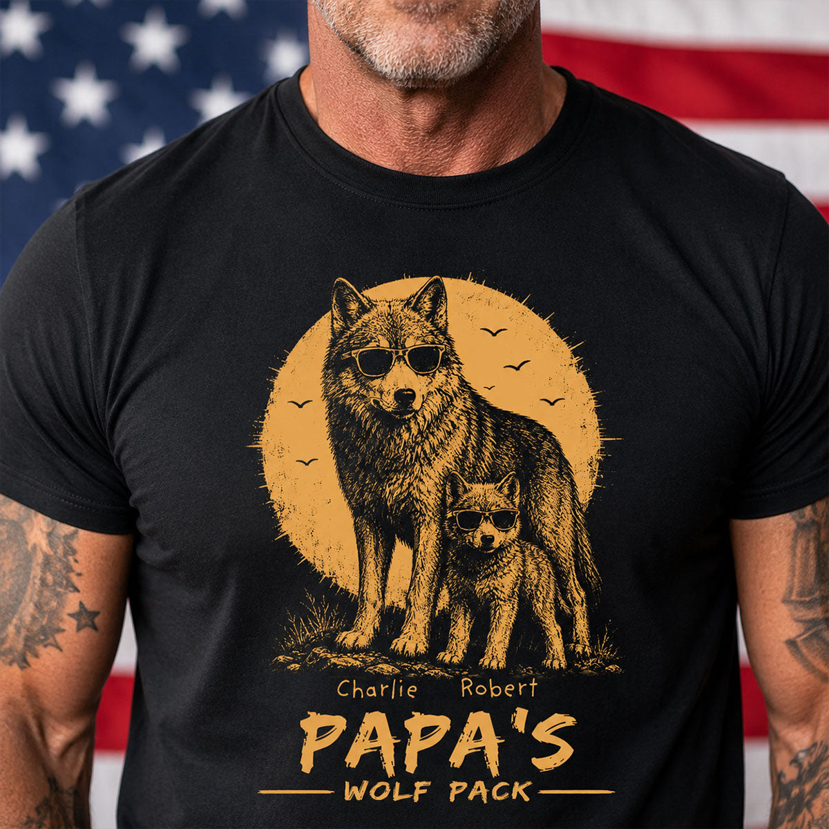 Retro Yellow Vintage Dad Grandpa Papa Wolf Pack - Personalized Shirt - Father's Day Gift For Dad, Husband