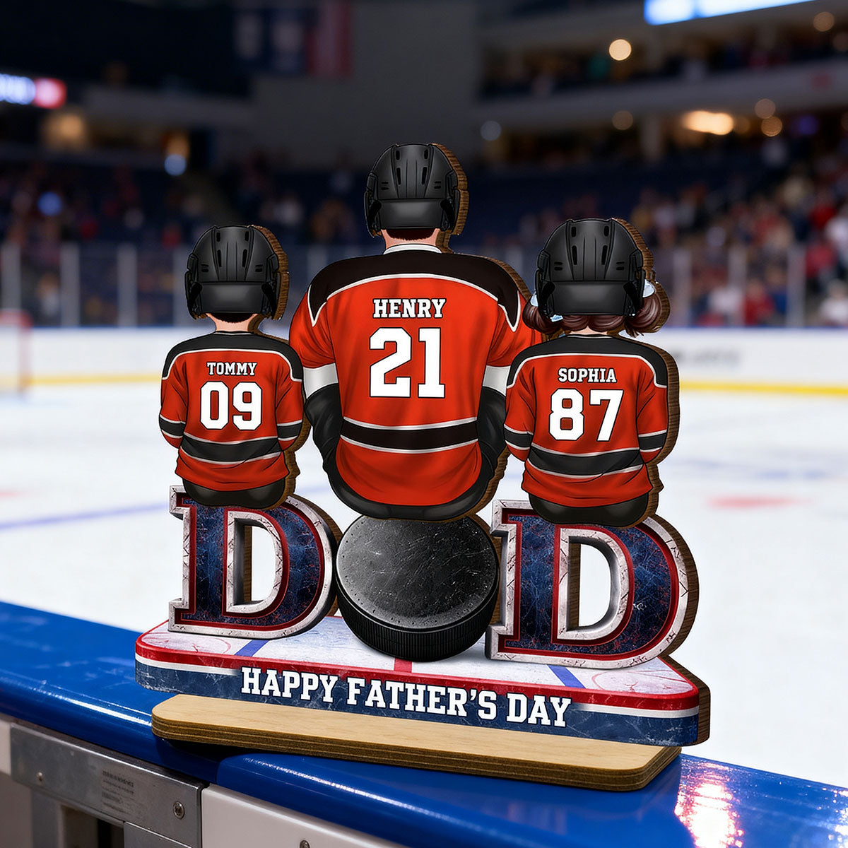 Hockey Dad And Kids Sitting Together - Personalized 2-Layered Wooden Plaque -  Gift, Gift For Hockey Dad, Gift For Husband