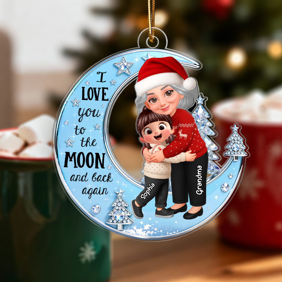3D Shining Effect Grandma Grandkid On Moon - Personalized Acrylic Ornament - Gift For Granddaughter, Grandson