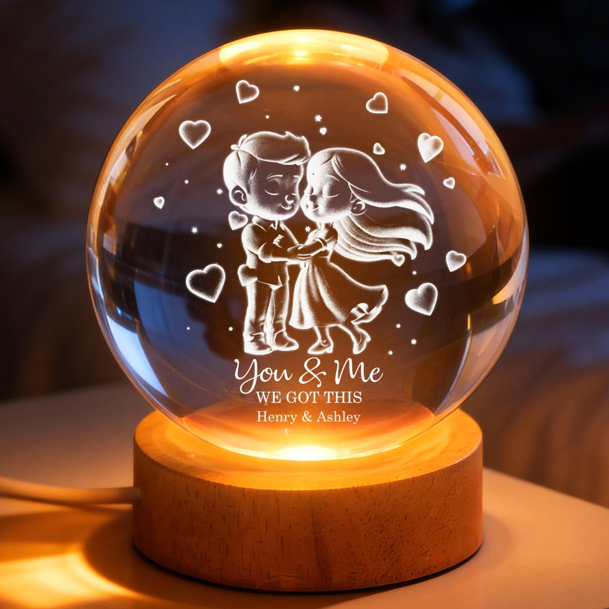 Loving Chibi Couple - Personalized Crystal Ball LED Night Light - Sentimental Valentine's Day Gift for Her, for Him
