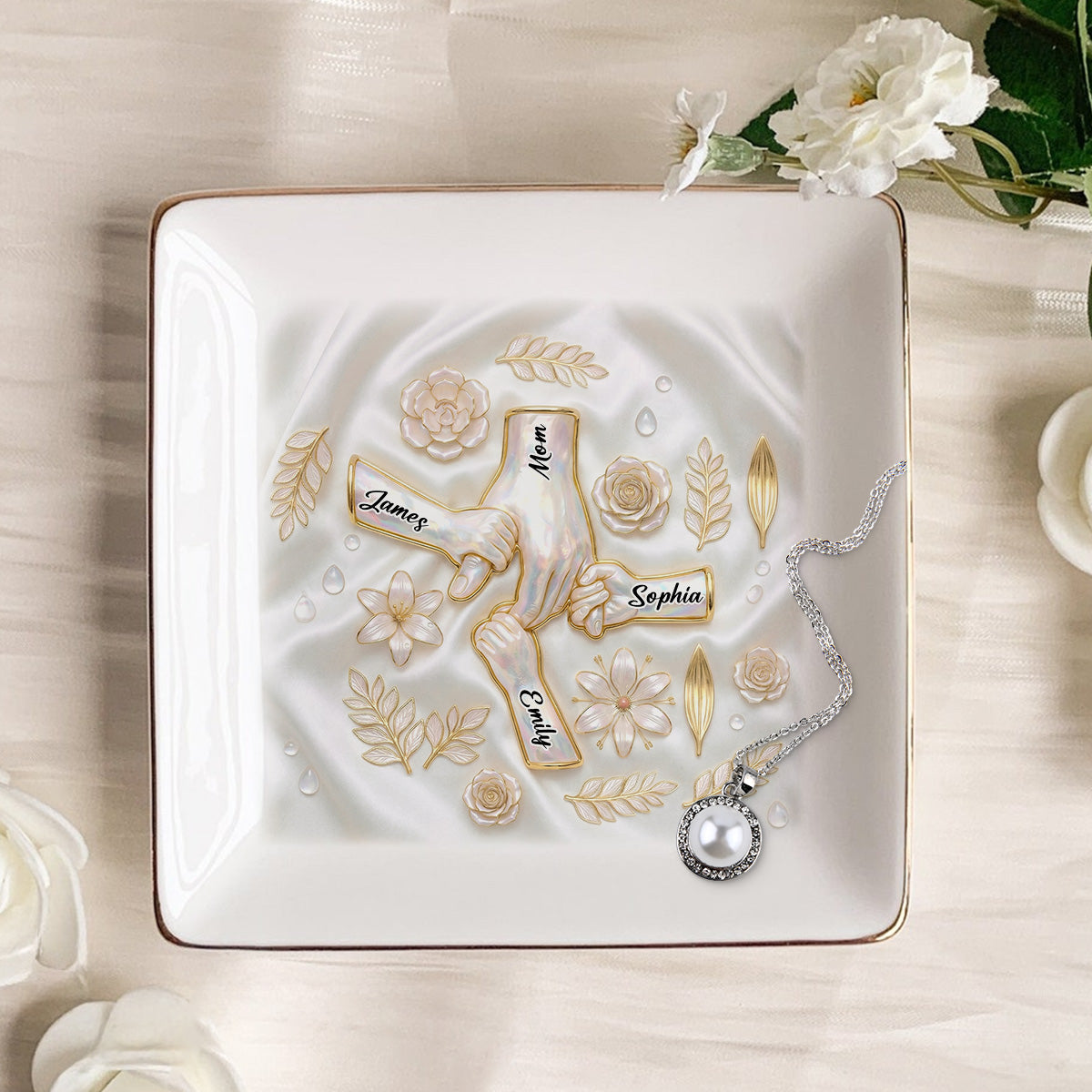 Kids Holding Mom Grandma Hand 2D Printed - Personalized Jewelry Dish - Mother's Day Gift For Mom, Grandma