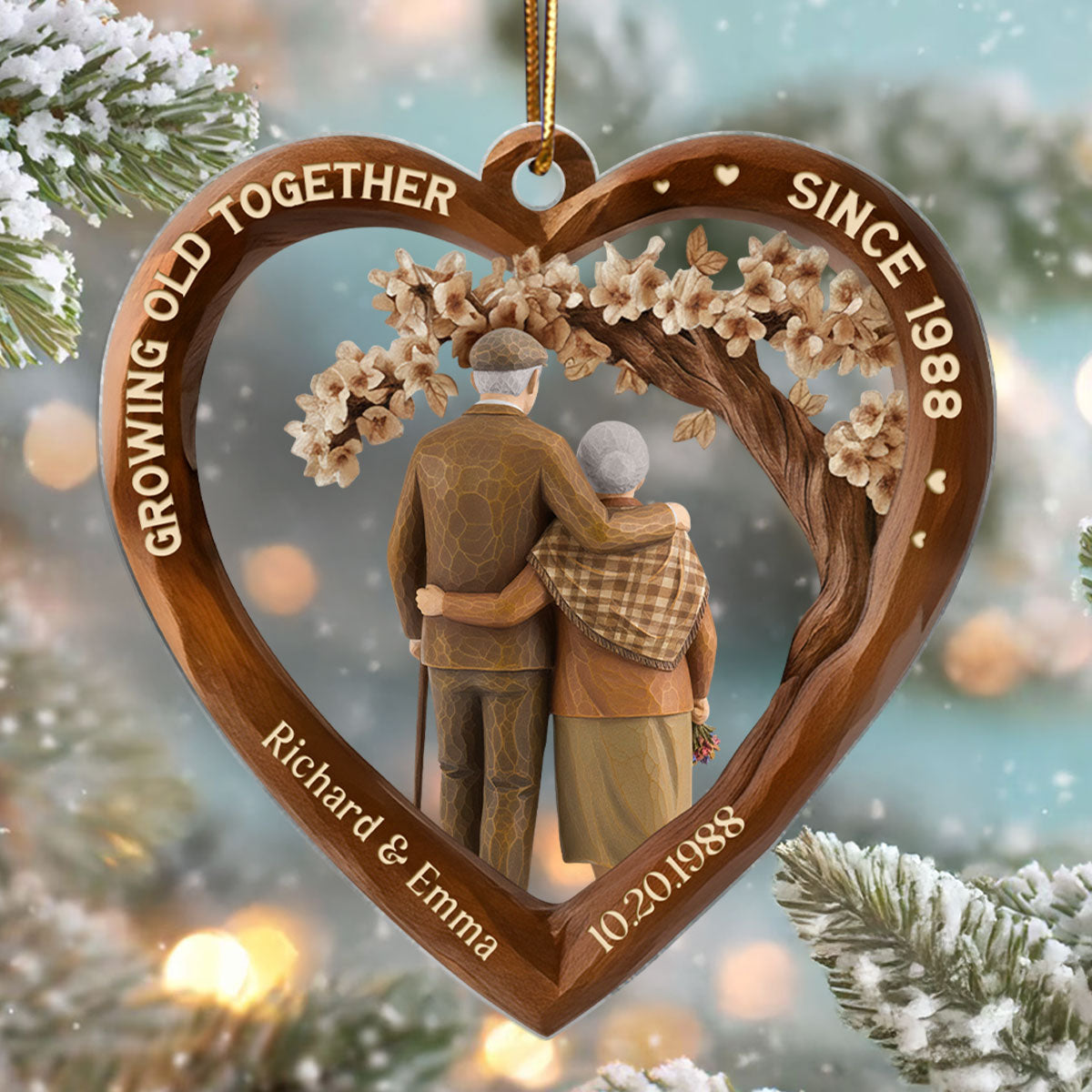 Growing Old Together Couple 3D Wooden Effect - Personalized Acrylic Ornament - Christmas Gift for Couples