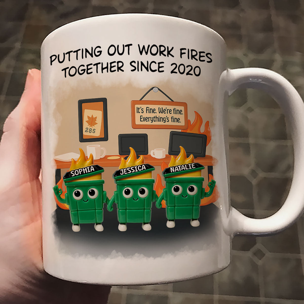 3D Effect Dumpster Fires In Office Scene - Personalized Mug - Funny Gift For Colleagues, Work Besties