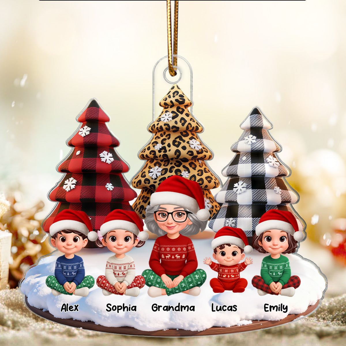 3D Effect Leopard Checkered Pattern Christmas Trees Grandma Grandkids Happy Together - Personalized Acrylic Ornament - Gift For Grandma, Grandkids