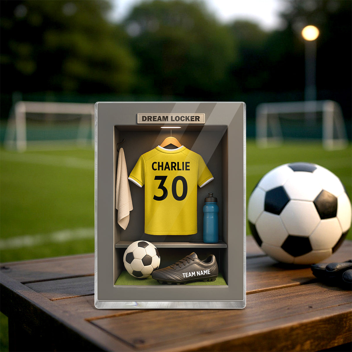 Soccer Jersey Dream Locker - Personalized Acrylic Block Plaque - Christmas Gift for Sons, Grandsons, Boyfriends