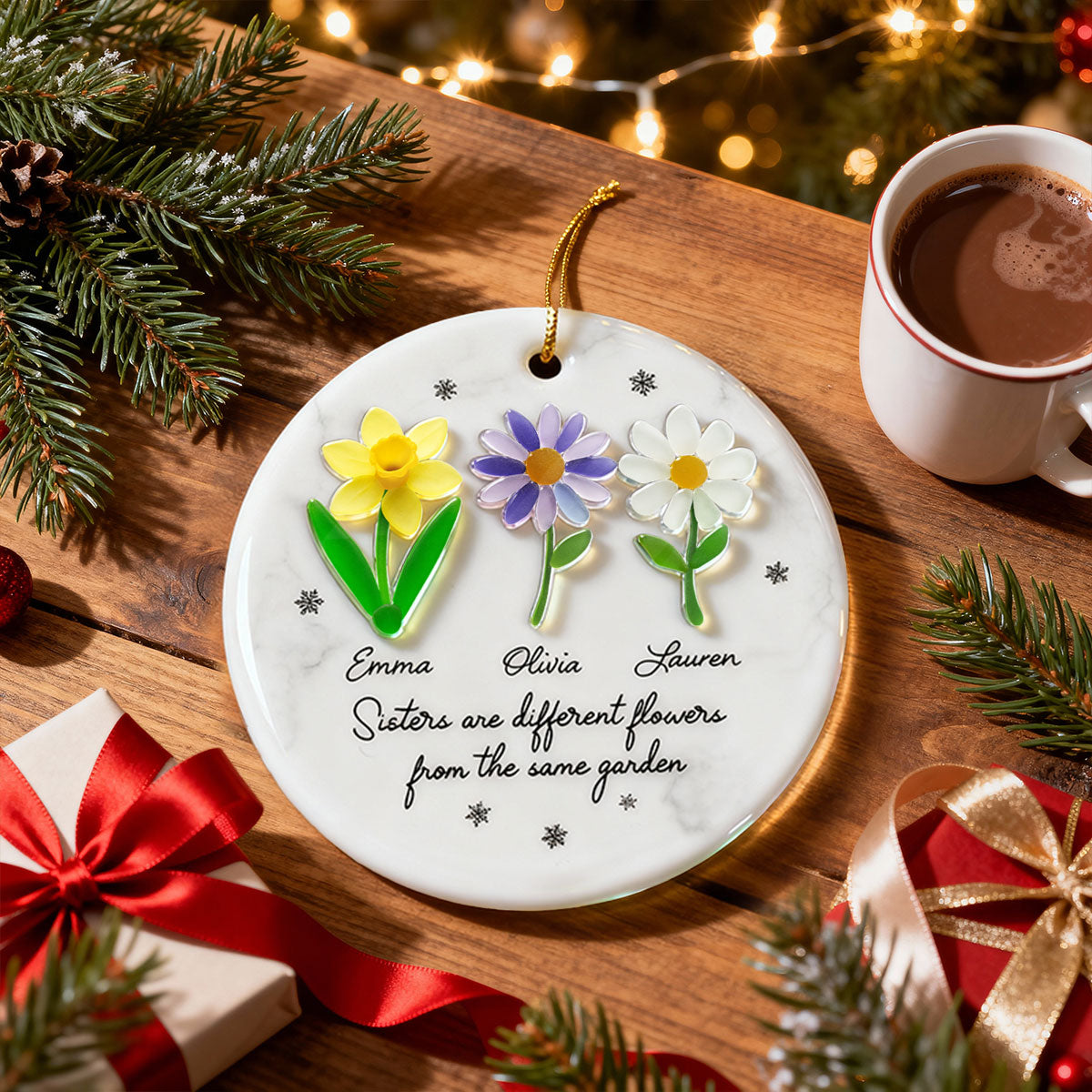 Sisters Are Different Flowers from the Same Garden, 3D Effect Sea Glass - Personalized Ceramic Ornament with Acrylic