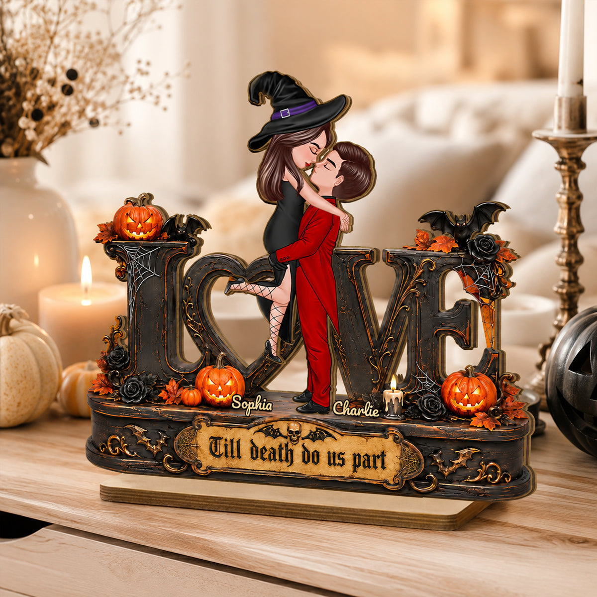 Love Halloween Couple Til Death Do Us Apart - Personalized 2-Layered Wooden Plaque - Halloween Decor Gift, Gift For Couple