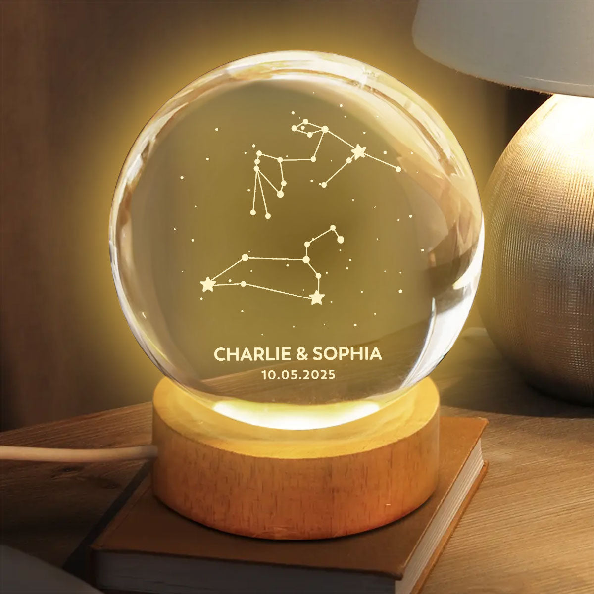 Couple Zodiac Constellation Astrology Star Sign Art - Personalized Crystal Ball LED Night Light - Gift For Couple