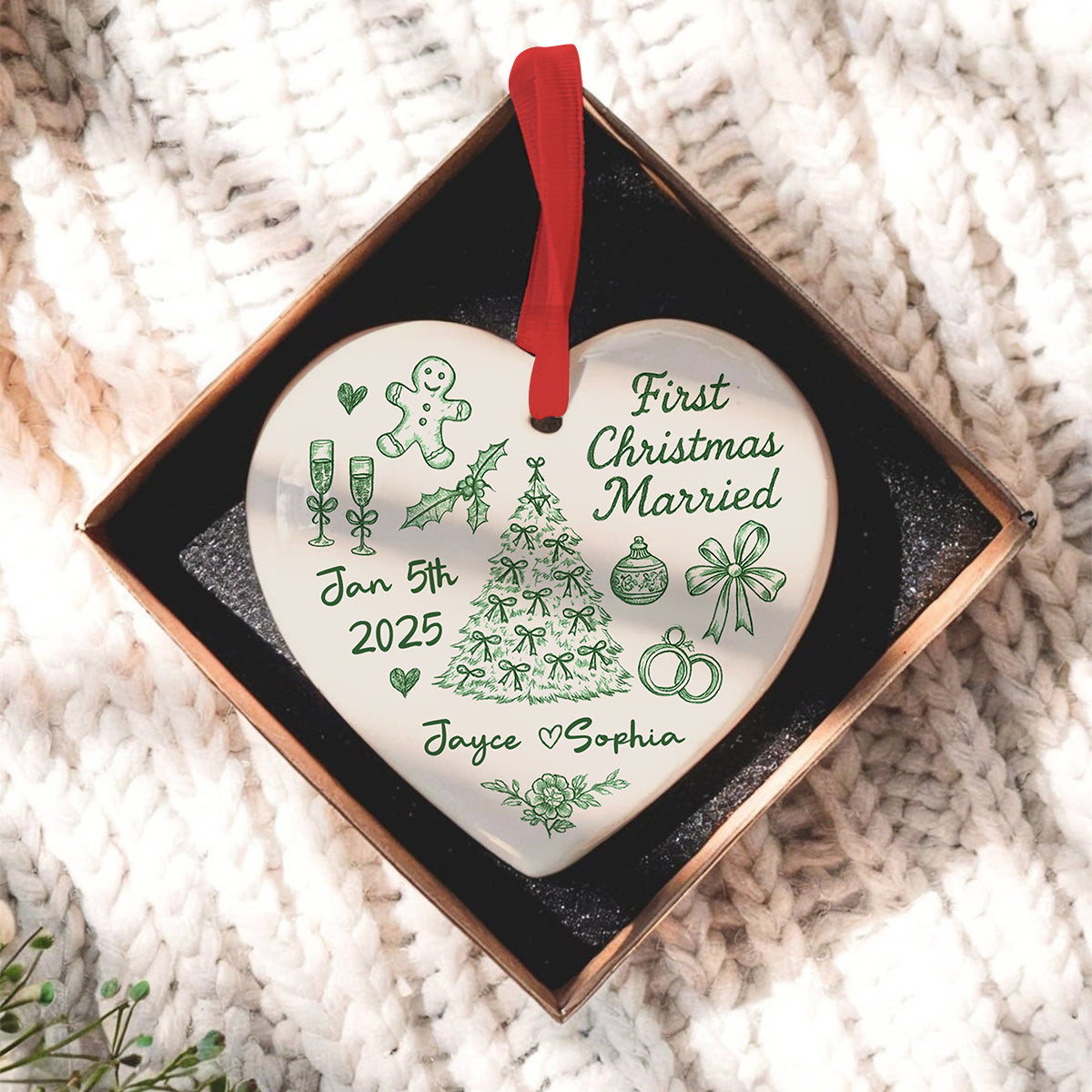 First Christmas Married Toile De Jouy Pattern - Personalized Ceramic Ornament - Christmas Gift For Him, For Her, For Couple