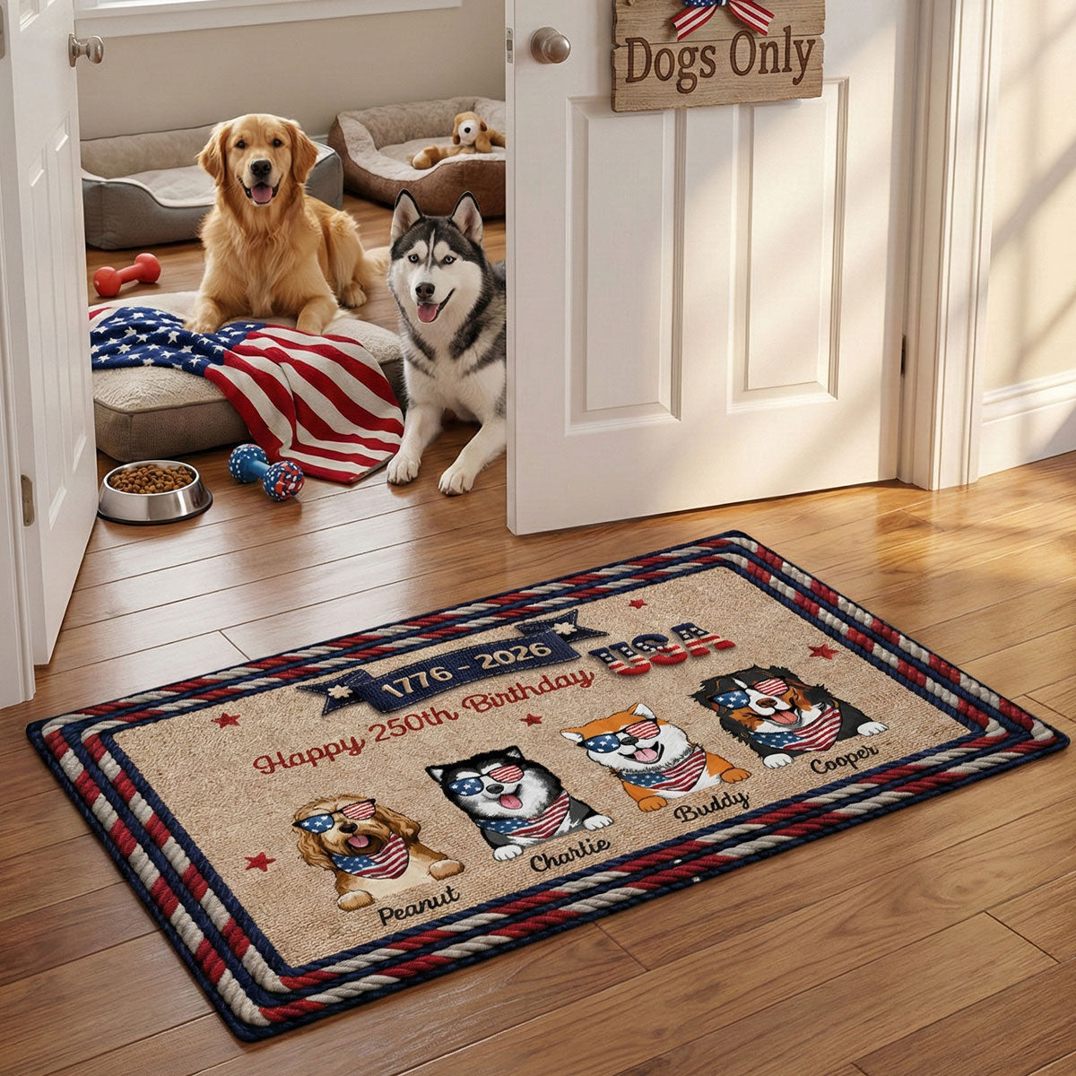 USA 250th Birthday Patriotic Flag Dog Faux Yarn Pattern - Personalized Doormat - Gift For Dog Lovers