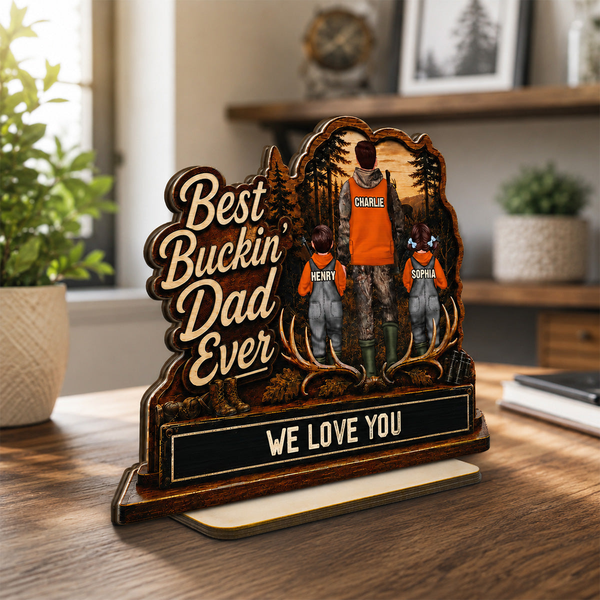 Best Buckin' Dad Papa Ever Hunting Man & Kids 2D Flat - Personalized 2-Layered Wooden Plaque -  Gift For Hunting Dad, Grandpa