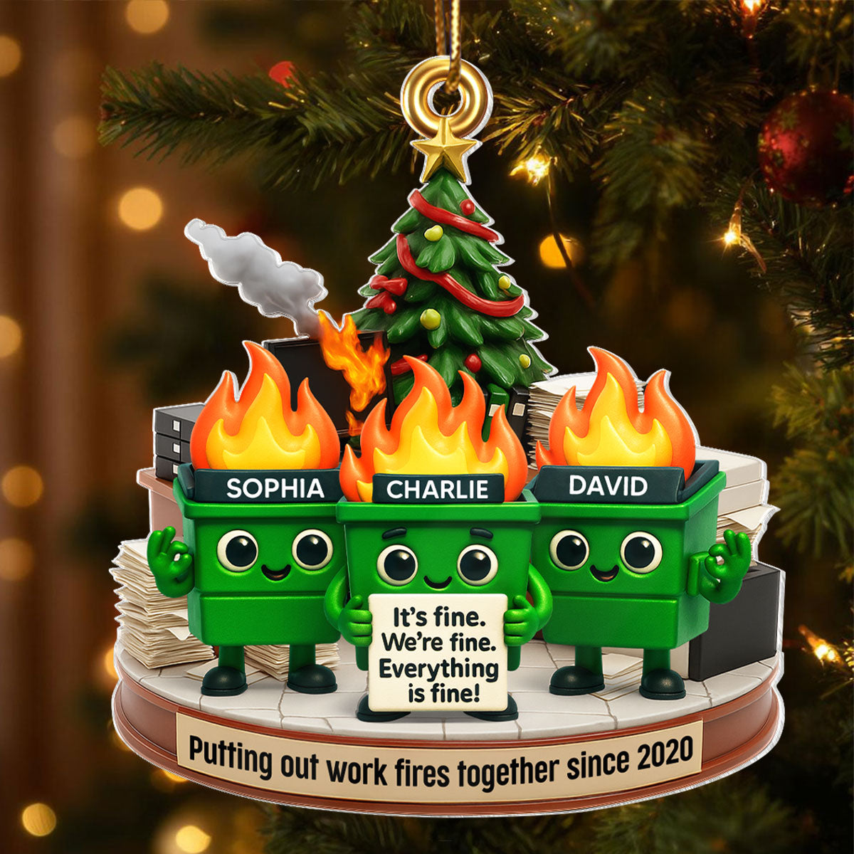 Funny Dumpster Fire Office Chaos Background - Personalized Acrylic Ornament - Funny Christmas Gift, White Elephant Gift for Coworkers