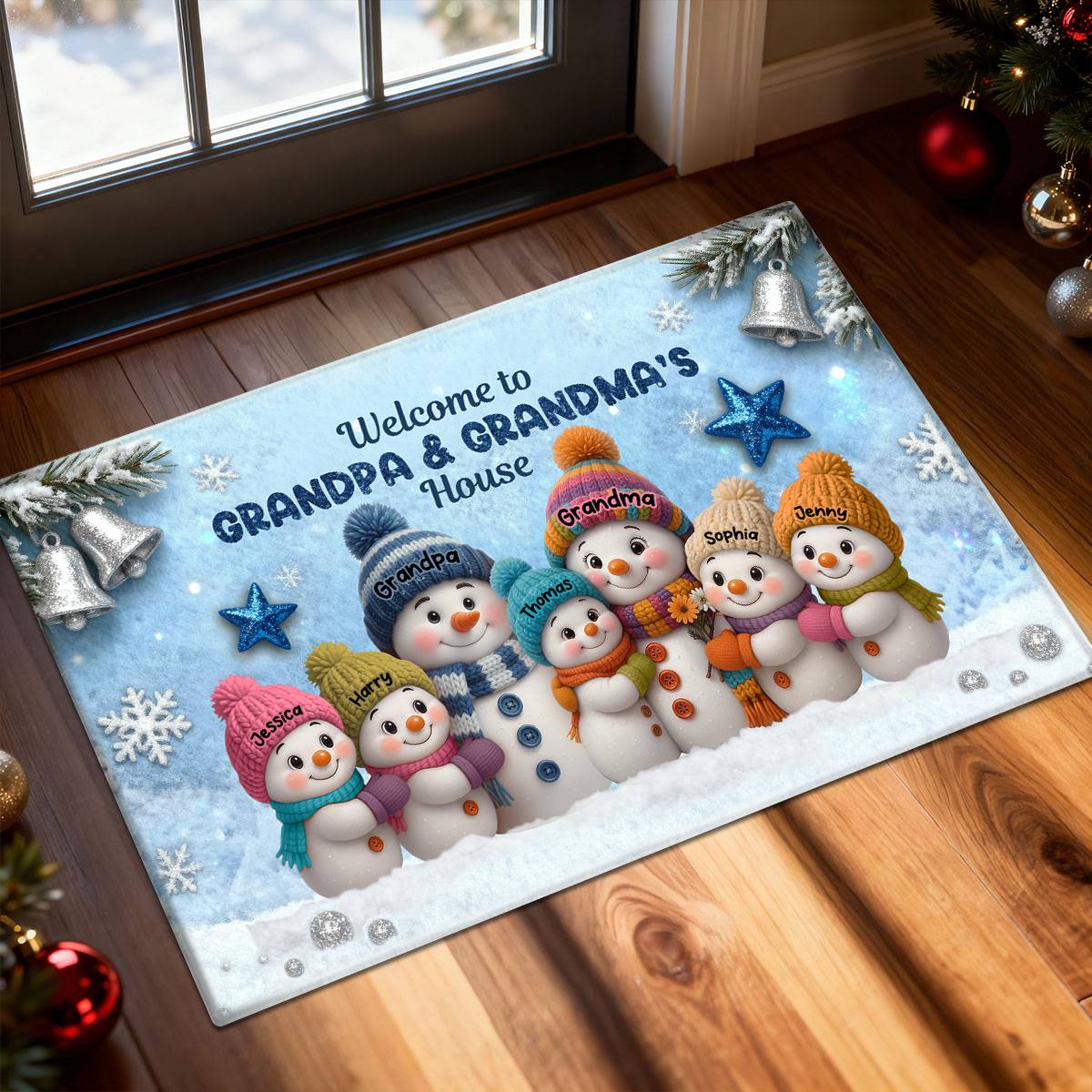 3D Effect Snowy Christmas Snowman Welcome To Grandma Grandpa House - Personalized Doormat