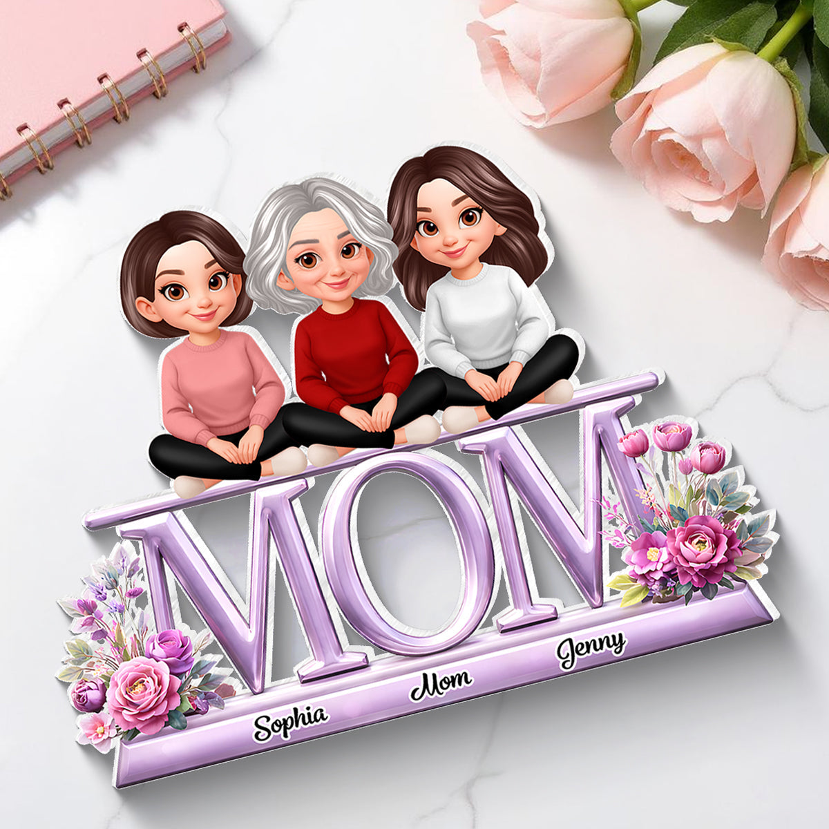 Lovely Mom And Kids - Personalized Acrylic Block Plaque - Heartfelt Gift For Mom, Grandma