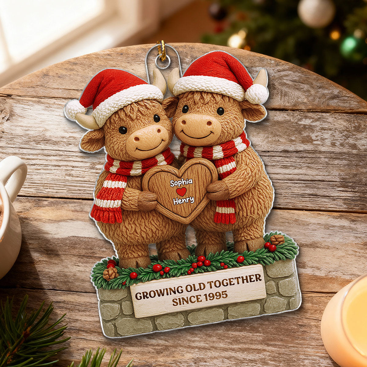 3D Effect Christmas Highland Cows Couple Growing Old Together - Personalized Acrylic Ornament - Gift For Couple