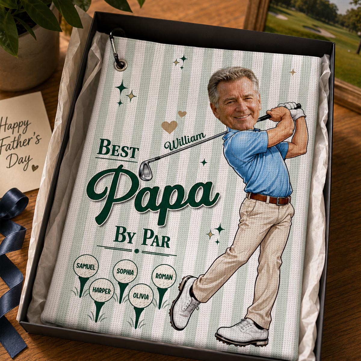 Best Dad Grandpa By Par Custom Photo Caricature Style - Personalized Golf Towel - Father's Day Gift For Golfers