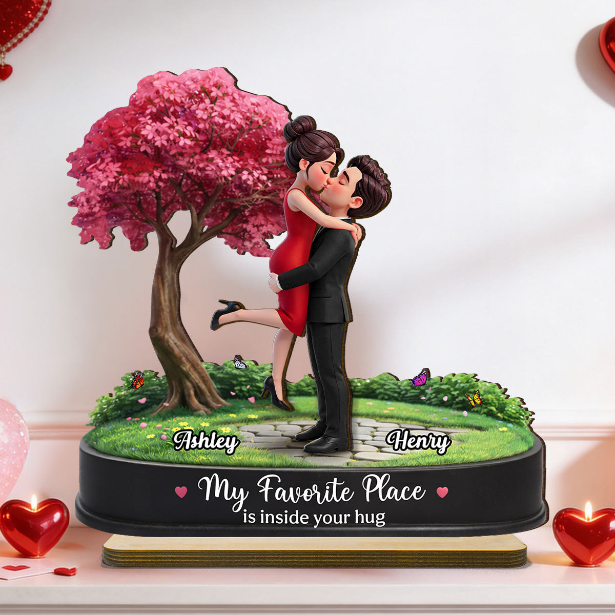 My Favorite Place is Inside Your Hug Couple Kissing - Personalized 2-Layered Wooden Plaque - Valentine's Day Gift for Her, for Him