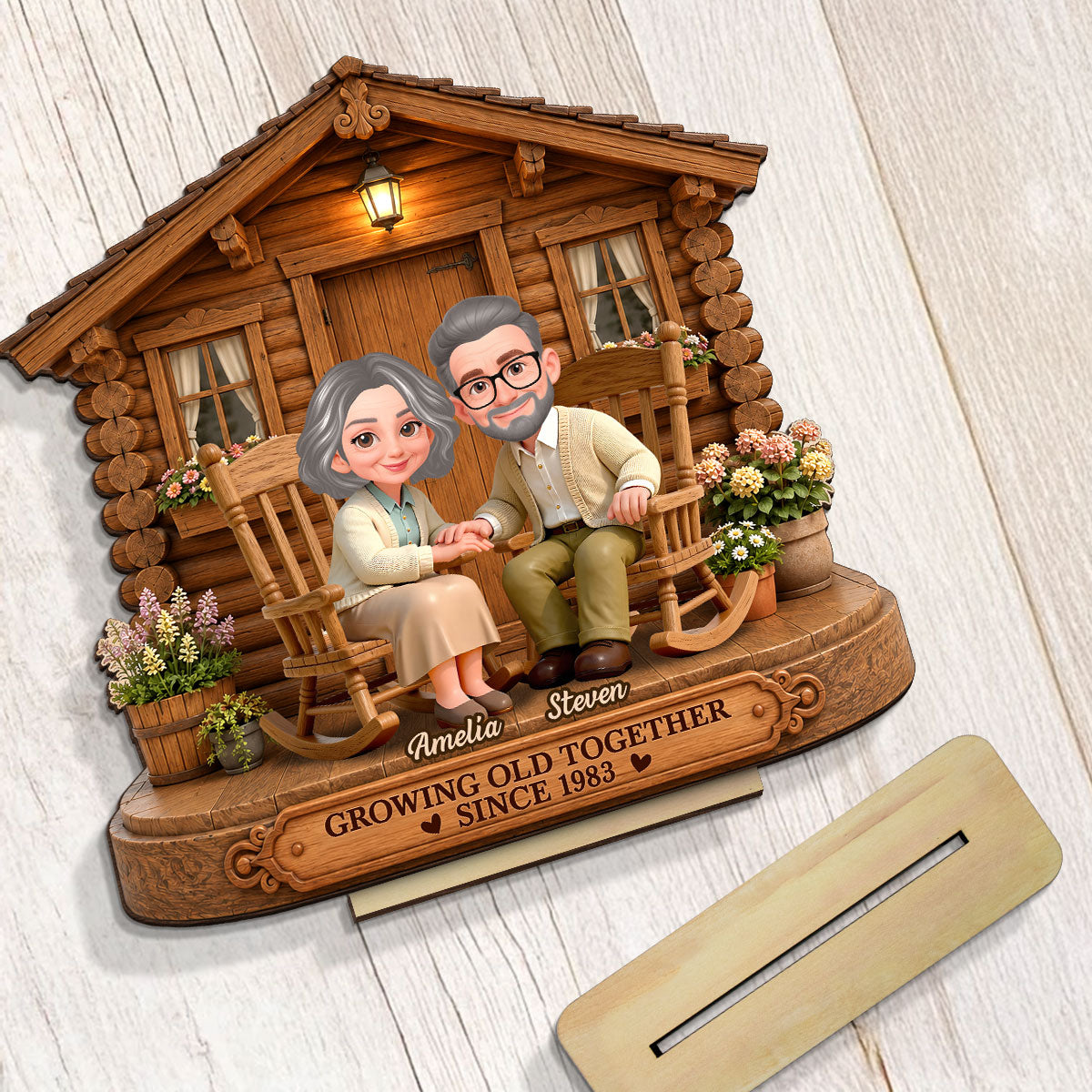 Eternal Love Couple Growing Old Together Cabin Wood House - Personalized 2-Layered Wooden Plaque - Anniversary Gift For Couple