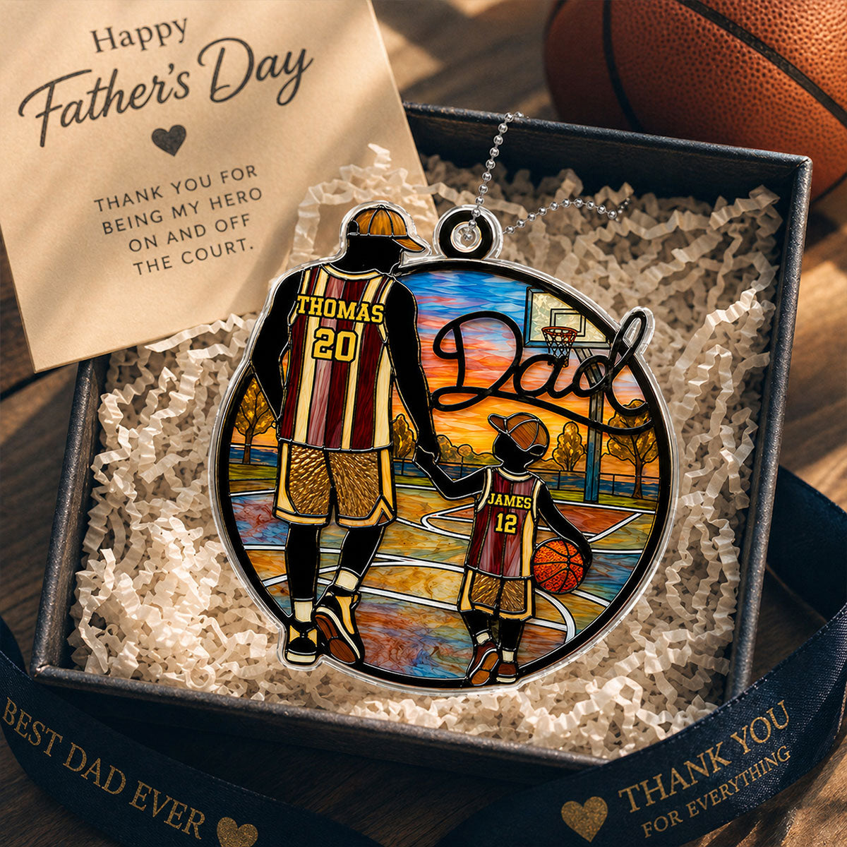 Basketball Dad & Kids 2D Flat - Personalized Acrylic Car Ornament - Father's Day Gift For Basketball Dad