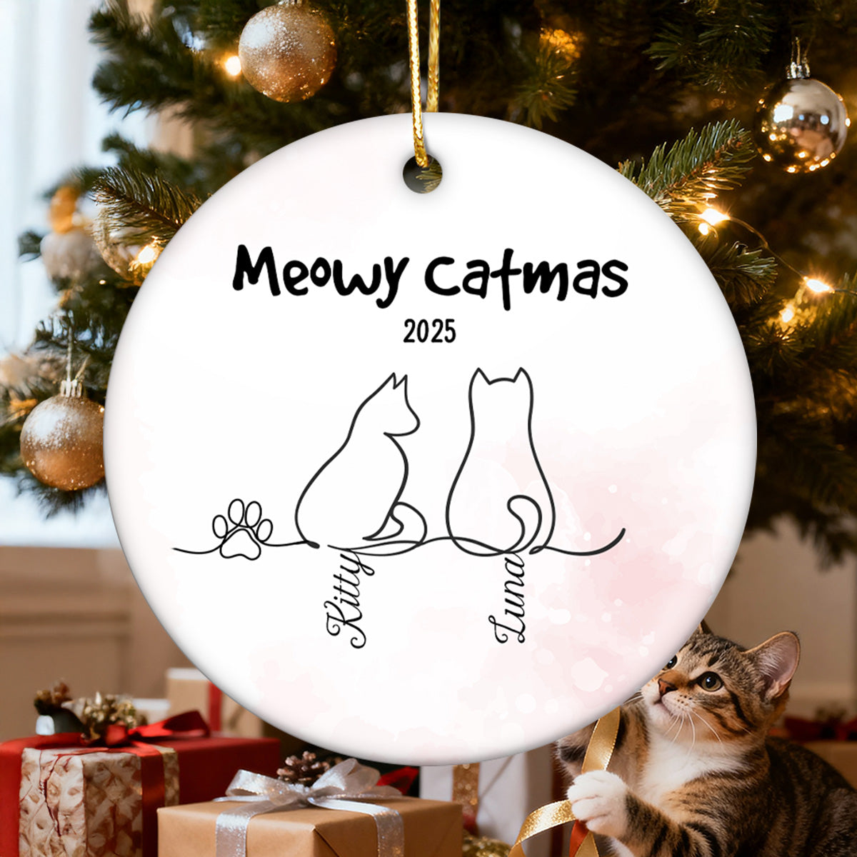 My Babies Cat Line Art - Personalized Ceramic Ornament - Christmas Ornament For Cat Lovers