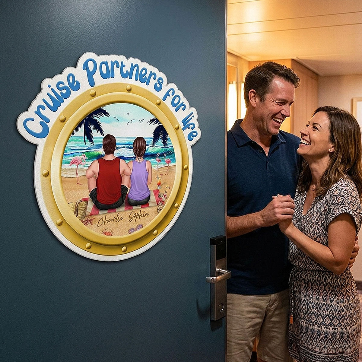 Cruise Partners For Life Porthole Back View Couple Sitting On The Beach - Personalized Cruise Ship Door Magnet
