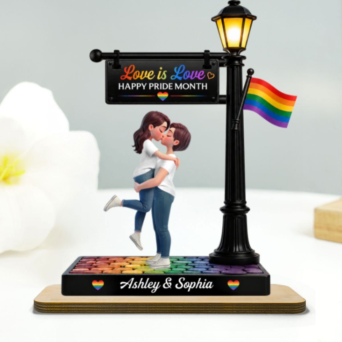 LGBT Couple Under Lamp Post - Personalized 2-Layered Wooden Plaque - Gift For Couple, Happy Pride Month