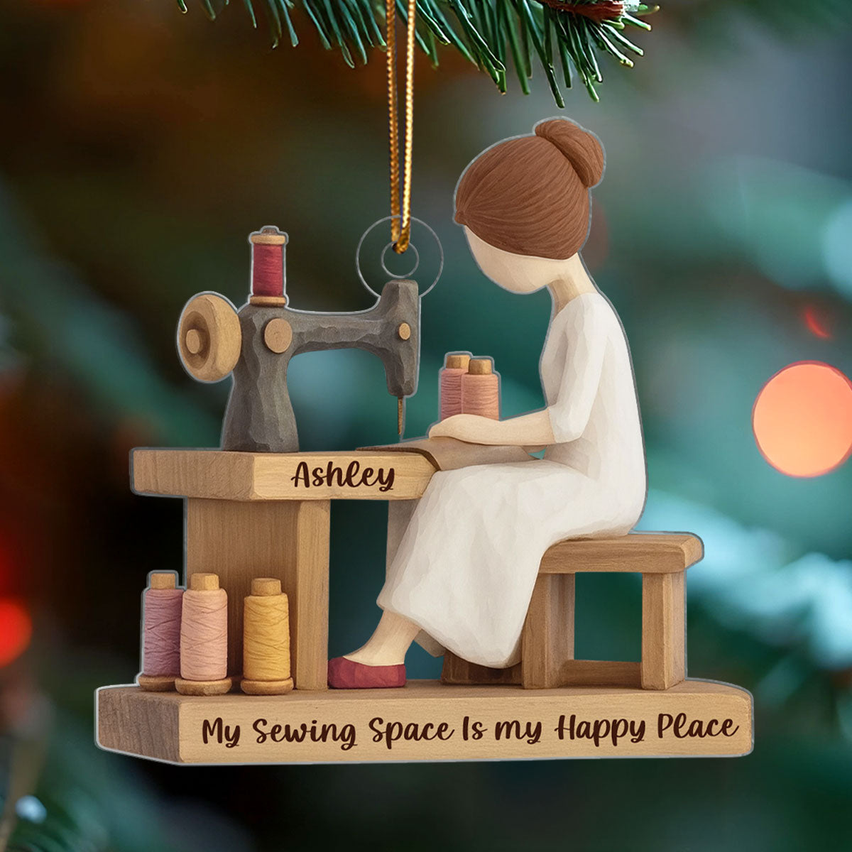 Custom My Sewing Space Is My Happy Place - Personalized Acrylic Ornament - Quilter Gift, Craft Room Christmas Keepsake