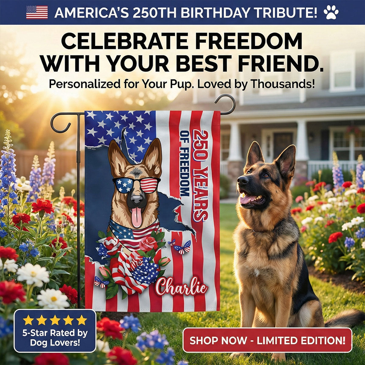 USA 250th Birthday Patriotic Flag Dog - Personalized Garden Flag - Gift For Dog Lovers