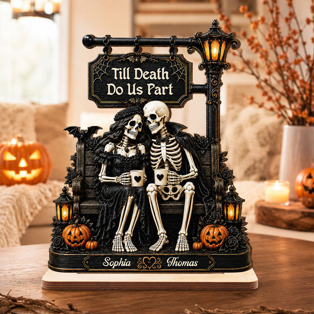 Till Death Do Us Part Skeleton Couple Under Lamp Post 2D Flat - Personalized 2-Layered Wooden Plaque - Halloween Decor For Couple