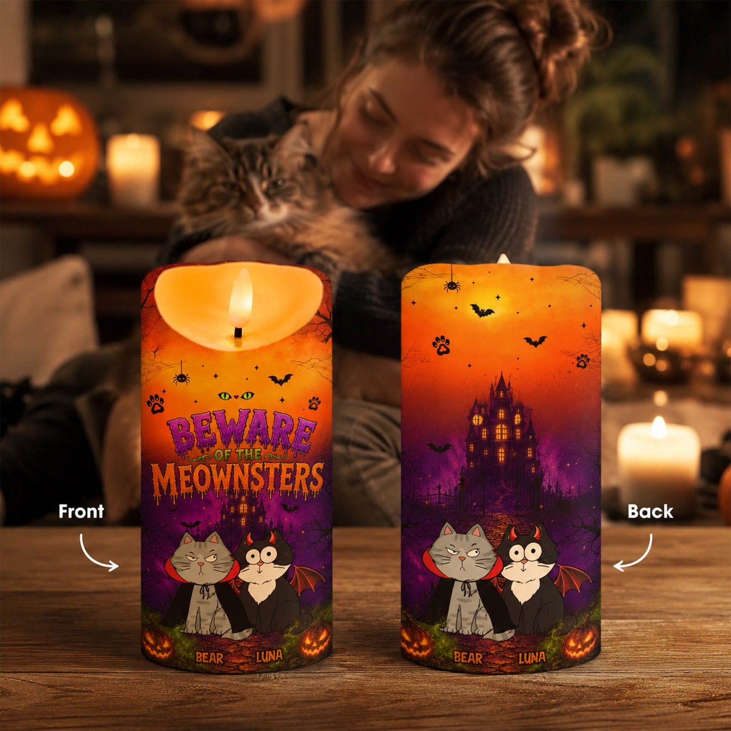 Beware Of The Meownsters - Personalized LED Candle - Purrfect Halloween Decor for Cat Lover