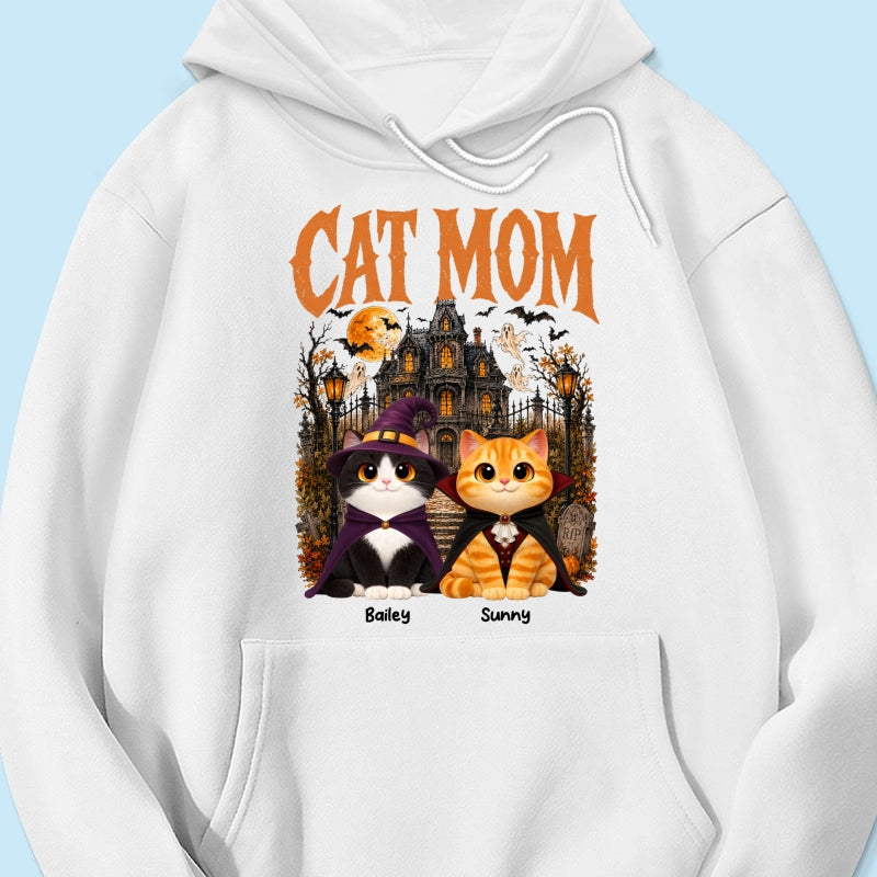 Retro Vintage Halloween Haunted House Cat Mom - Personalized Shirt - Halloween Gift For Cat Lovers