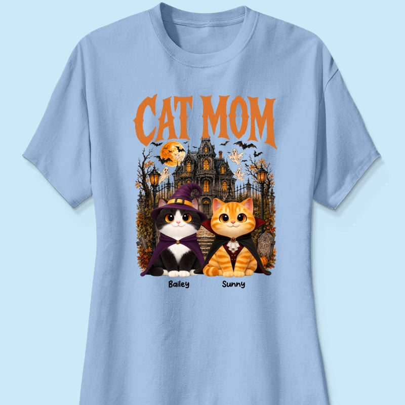 Retro Vintage Halloween Haunted House Cat Mom - Personalized Shirt - Halloween Gift For Cat Lovers