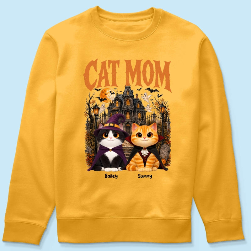 Retro Vintage Halloween Haunted House Cat Mom - Personalized Shirt - Halloween Gift For Cat Lovers