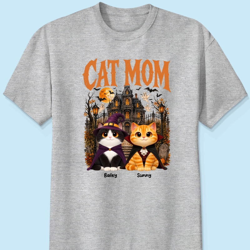 Retro Vintage Halloween Haunted House Cat Mom - Personalized Shirt - Halloween Gift For Cat Lovers
