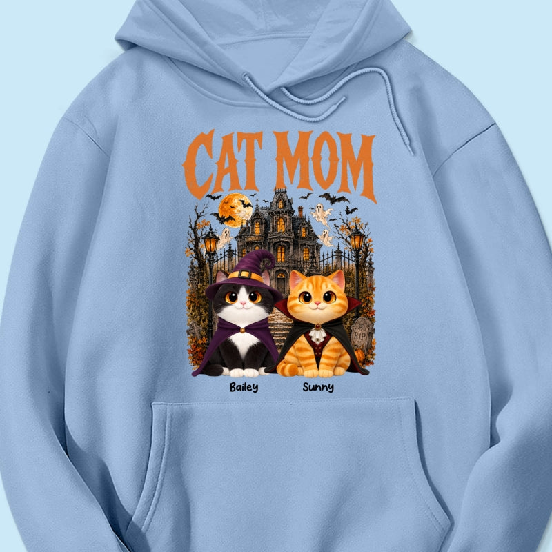 Retro Vintage Halloween Haunted House Cat Mom - Personalized Shirt - Halloween Gift For Cat Lovers