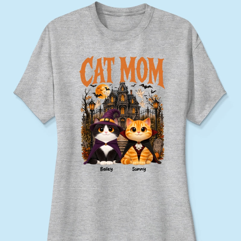 Retro Vintage Halloween Haunted House Cat Mom - Personalized Shirt - Halloween Gift For Cat Lovers