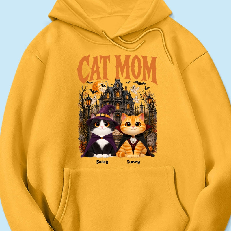Retro Vintage Halloween Haunted House Cat Mom - Personalized Shirt - Halloween Gift For Cat Lovers