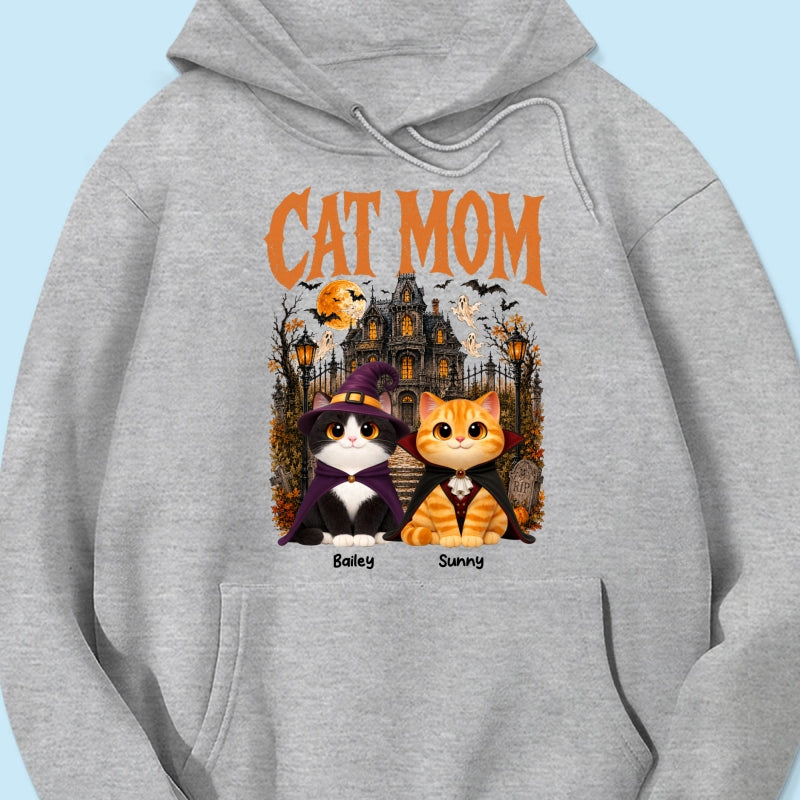 Retro Vintage Halloween Haunted House Cat Mom - Personalized Shirt - Halloween Gift For Cat Lovers