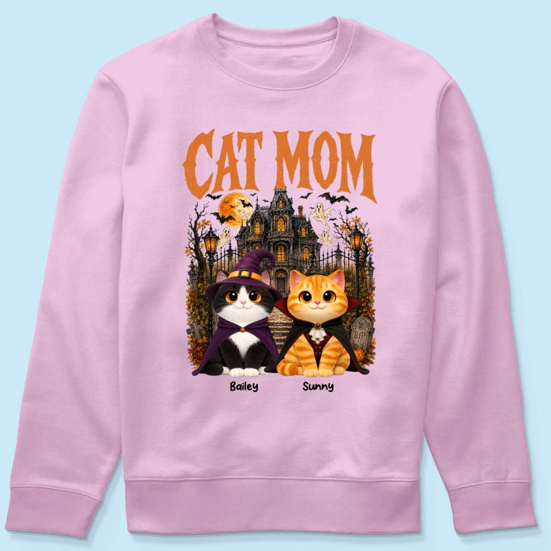 Retro Vintage Halloween Haunted House Cat Mom - Personalized Shirt - Halloween Gift For Cat Lovers