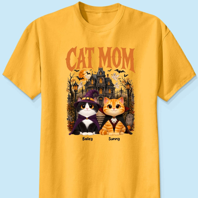Retro Vintage Halloween Haunted House Cat Mom - Personalized Shirt - Halloween Gift For Cat Lovers