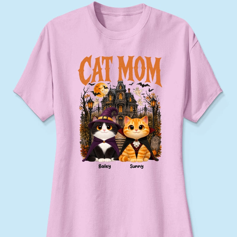 Retro Vintage Halloween Haunted House Cat Mom - Personalized Shirt - Halloween Gift For Cat Lovers