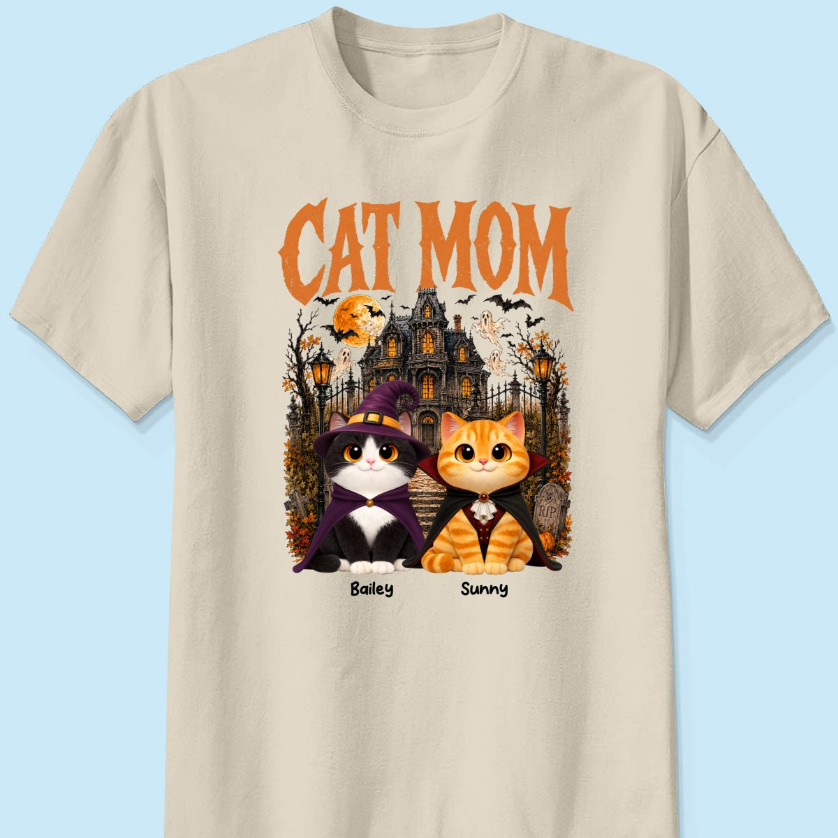 Retro Vintage Halloween Haunted House Cat Mom - Personalized Shirt - Halloween Gift For Cat Lovers