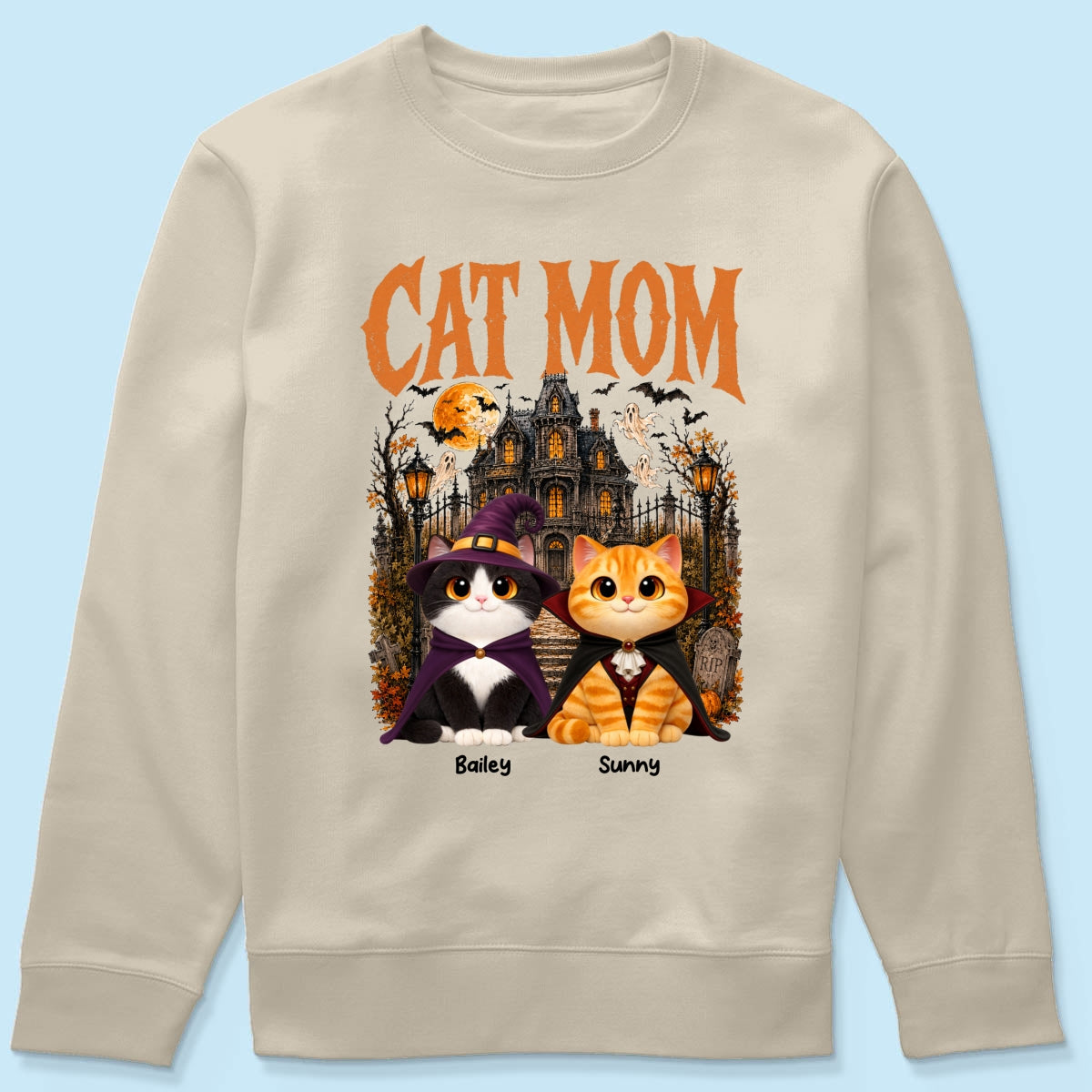 Retro Vintage Halloween Haunted House Cat Mom - Personalized Shirt - Halloween Gift For Cat Lovers