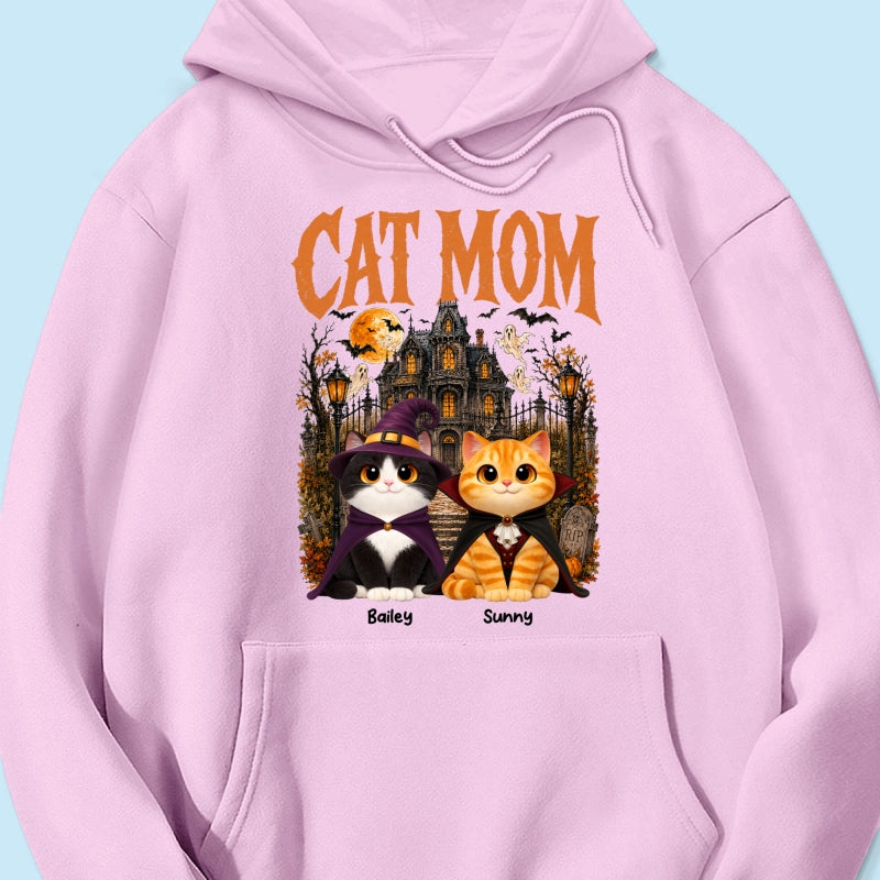 Retro Vintage Halloween Haunted House Cat Mom - Personalized Shirt - Halloween Gift For Cat Lovers
